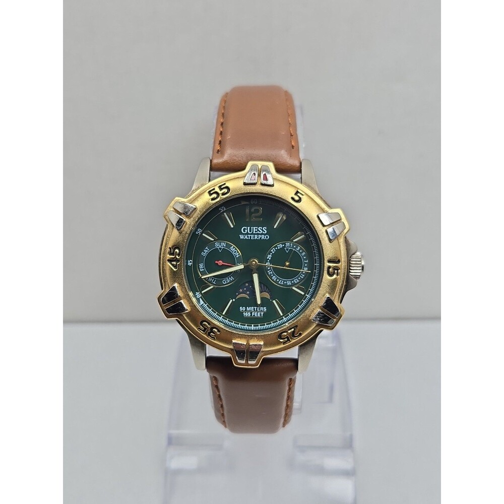 Guess Waterpro Mens Watch 39mm Moonphase Day Date Green Dial Vtg 50m New Battery